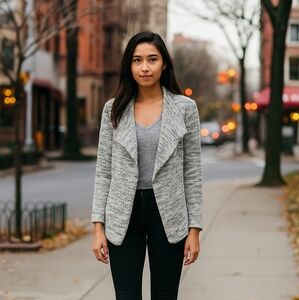 Loveappella Jessie Draped Front‎ Cardigan - Gray & White Terry Knit - LARGE